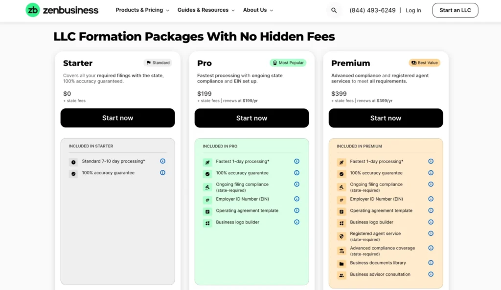 ZenBusiness Pricing Plans
